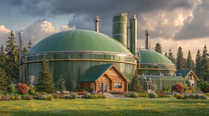 Biogas unit installation surrounded by greenery and flowers, showcasing sustainable energy