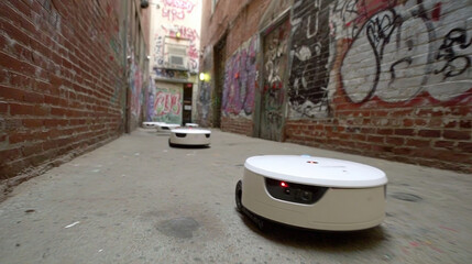 Autonomous robots navigating clean alley filled with graffiti, showcasing advanced technology