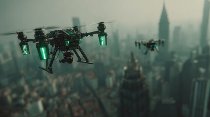 Flying drones above futuristic cityscape, analyzing urban environments with advanced technology