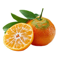 Citrus Burst: A vibrant tangerine, halved to reveal its juicy segments, alongside a whole fruit with fresh green leaves.