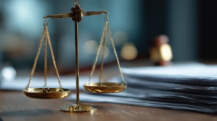 Crisp medium shot of justice scales prominently displayed softfocus papers and legal documents behind emphasizing dropped kidnapping charges and the complex discussion on mental
