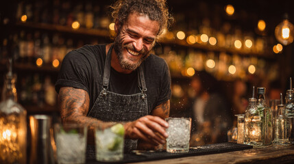 Craft cocktail bartender smiling while preparing drinks in lively bar atmosphere