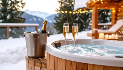 Relaxing Hot Tub in Winter with Champagne and Mountain View