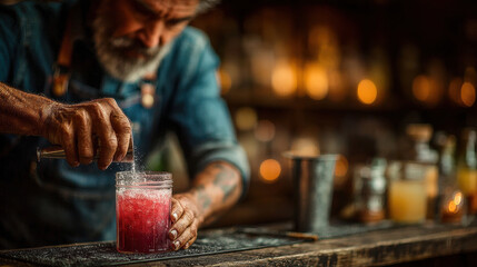Crafting vibrant cocktail, bartender skillfully mixes ingredients with precision and passion