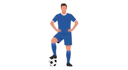 Male football player in blue uniform standing with one foot on a soccer ball. Vector illustration of an athlete isolated on a white background.