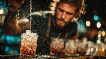 Crafting cocktails with precision, bartender skillfully pours drink over ice, creating