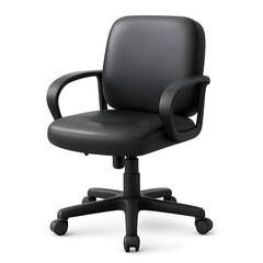 Realistic 3D render of a black office chair with armrests and wheels, shown on a transparent background