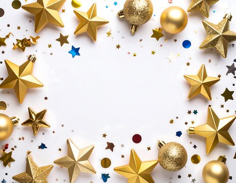 Festive golden stars and baubles frame - Powered by Adobe