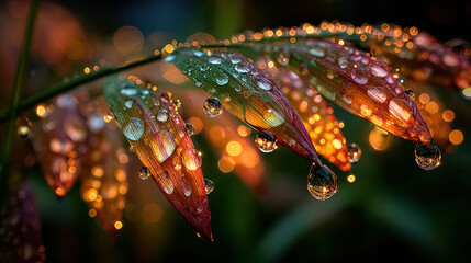 Dewdrops on vibrant leaves glisten in warm sunlight, creating magical atmosphere