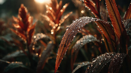 Dewdrops glisten vibrant grass blades, illuminated by warm sunlight, creating serene atmosphere