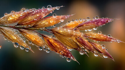 Dewdrops glisten on vibrant grass blades, showcasing nature beauty in sunlight