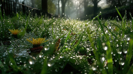 Dewdrops glisten on grass and flowers, creating serene and magical atmosphere in sunlight