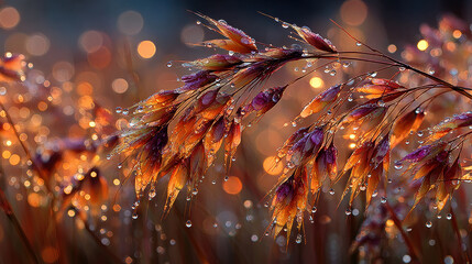 Dewdrops on vibrant grass glisten in sunlight, creating magical atmosphere