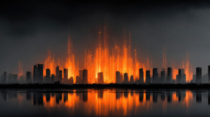 Futuristic city skyline night with glowing orange lights reflecting water, creating dramatic