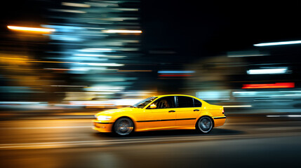 Fototapeta premium car driving in motion, yellow car on high speed. night