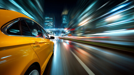 car driving in motion, yellow car on high speed. night