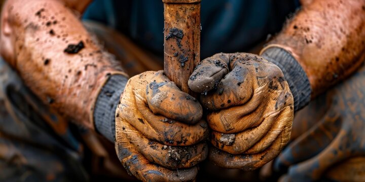Miner holding pickaxe handle with dirty gloved hands