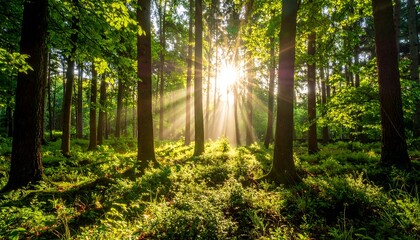 Naklejka premium Sunlight filtering through forest canopy