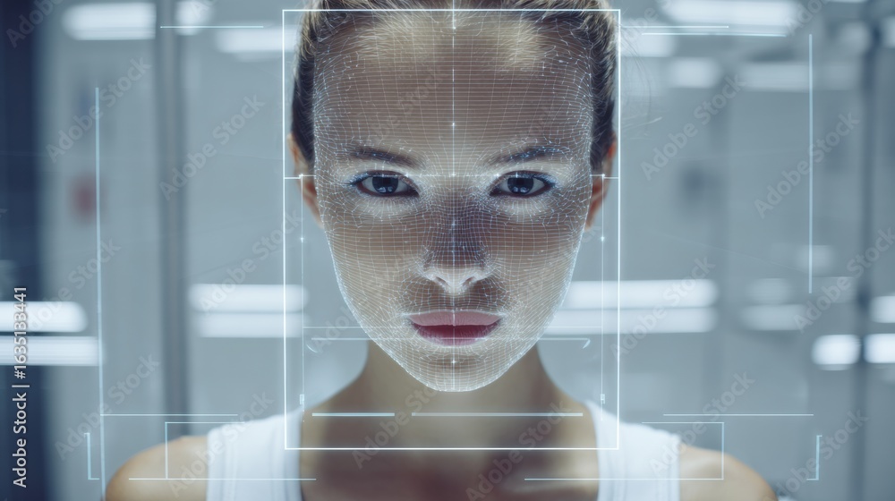 Poster symmetry scanner analyzes jawline in a futuristic setting with clean surroundings and advanced techn