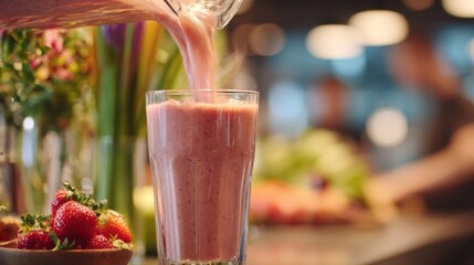 Crisp medium shot focusing on a fresh fruit and veggie smoothie being blended energetically as the wellness cafes Nutrition Hub sign fades softly in the background.