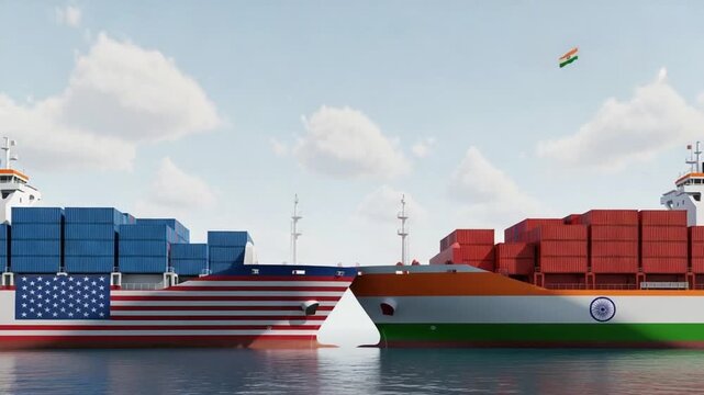 Cargo ships painted with american and indian flags facing each other on the water under a cloudy sky
