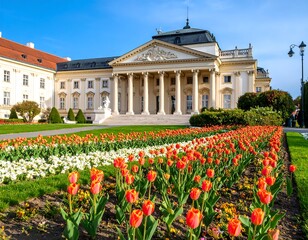Elegant palace with vibrant spring tulips