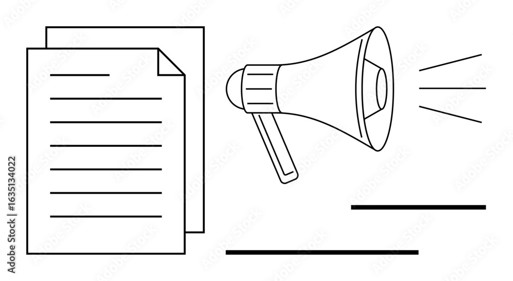 Poster megaphone with sound waves next to documents representing announcement, message sharing, and informa