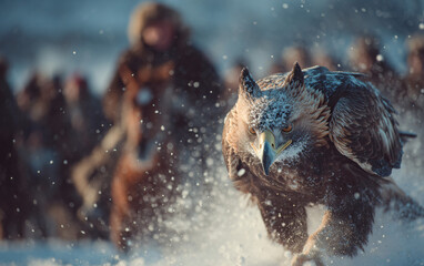 Dramatic action shot of a golden eagle diving toward a fox pelt decoy during the hunting demonstration at the Golden Eagle Festival. Hunter in background on horseback