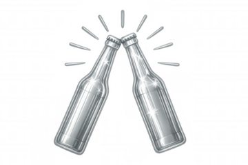 Chrome beer bottles clanking in festive toast, transparent backdrop highlighting metallic shine and celebratory moment