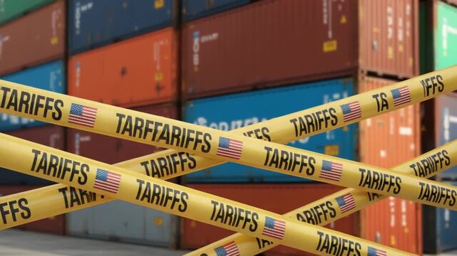 Stacked shipping containers behind yellow tape with tariffs and american flags printed on it