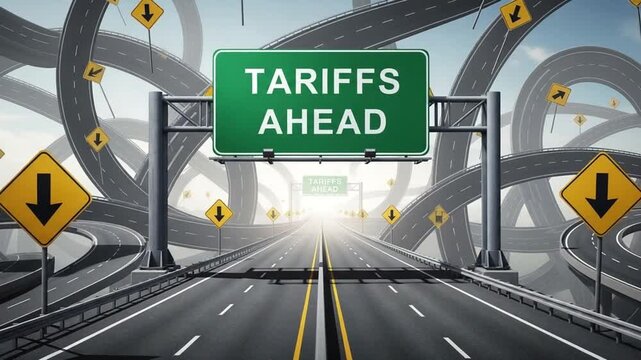 Road with a tariffs ahead sign surrounded by winding roads and yellow directional arrow signs