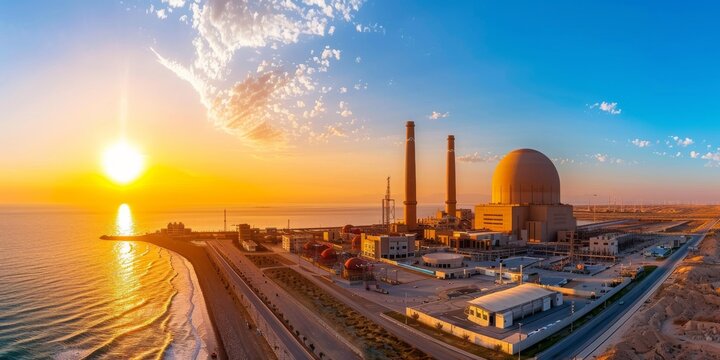 Barakah nuclear power plant in uae generating clean energy at sunset