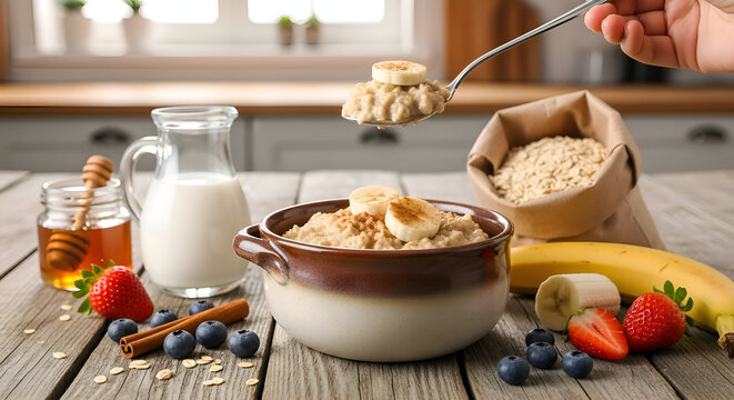 Healthy Breakfast: Oatmeal with Fruits and Honey