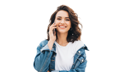 Junge stilvolle Frau telefoniert im Casual-Chic Look vor transparenten Hintergrund – PNG