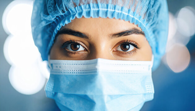 Serious and focused woman doctor or surgeon in closeup portrait. Female nurse in medical healthcare attire looks directly at camera with an intense, determined gaze