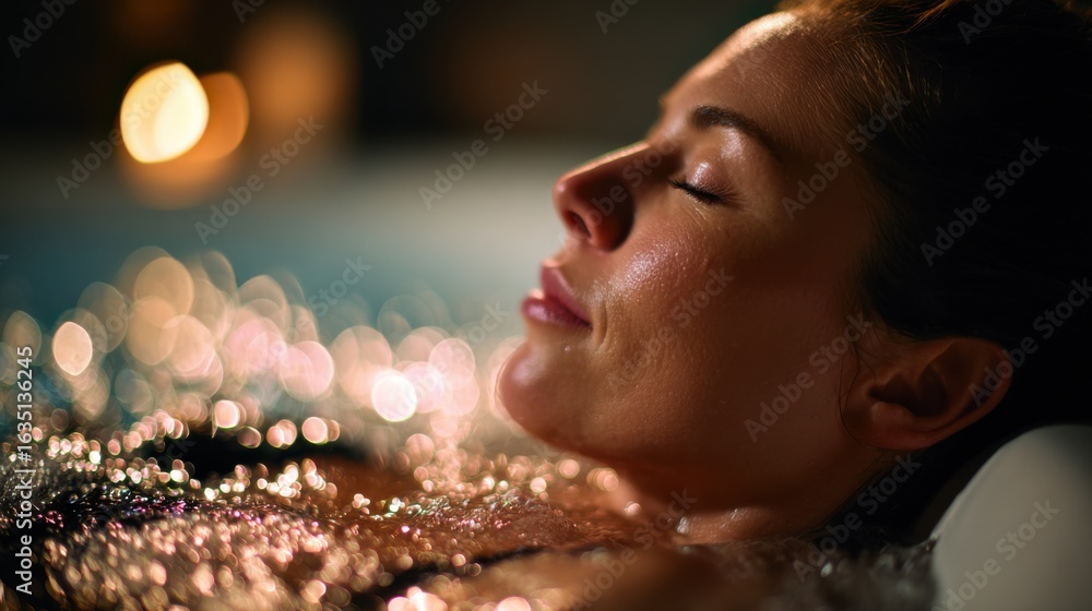 Poster focused medium shot of a person reclining in warm bathwater gentle bokeh effect on surrounding healt