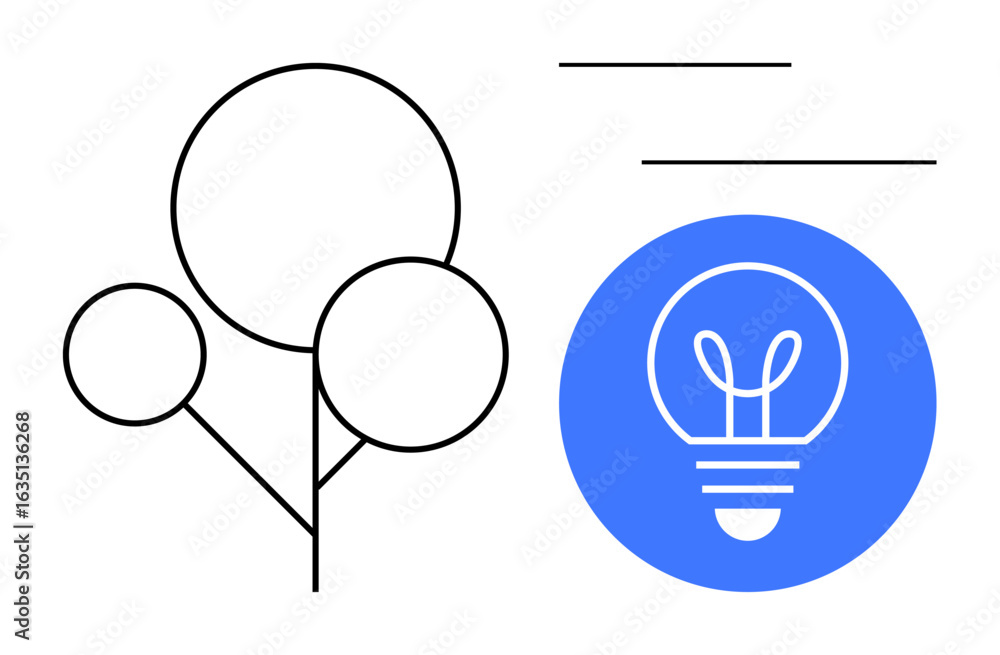 Poster simplistic line-based tree concept beside a light bulb in a blue circular frame. ideal for innovatio