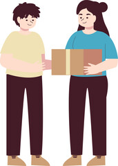 A woman in a blue shirt hands a cardboard package to a man in a yellow shirt.