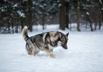 Playful Husky Dog Playing in a Snowy Forest. Generative Ai