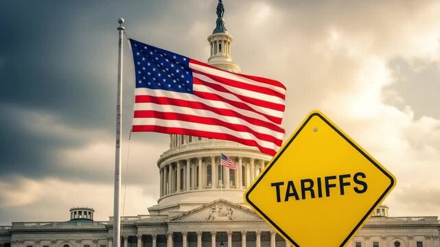 American flag waving near the capitol building with a yellow tariffs warning sign in the foreground