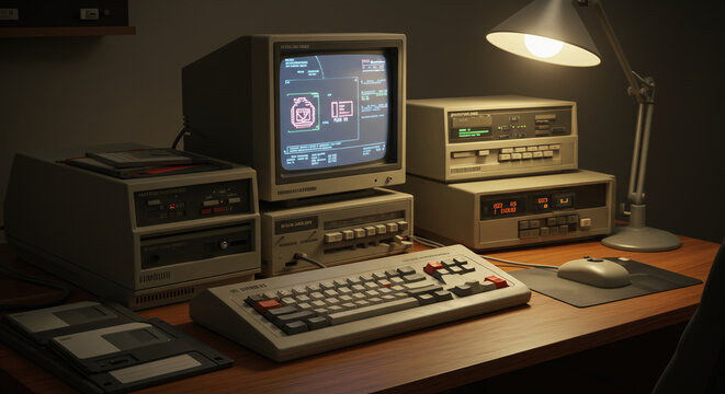 Vintage Retro Computer Setup with CRT Monitors and Classic Keyboard 