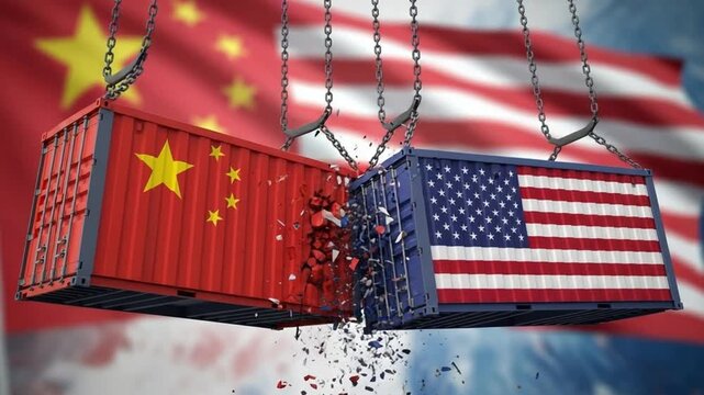 Containers with china and usa flags colliding with chains and debris against flag backgrounds