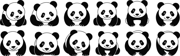 Panda illustration set, cute sitting pandas, stylized bear icons, animal character design, vector graphic collection, black and white cartoon poses