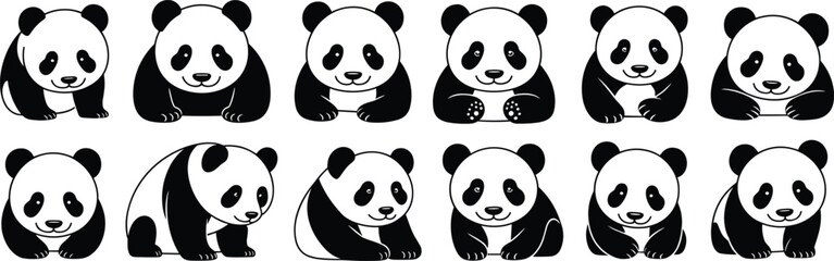 Cartoon panda illustration set, cute black and white bears, playful animal poses, vector character design, expressive faces, sitting standing positions