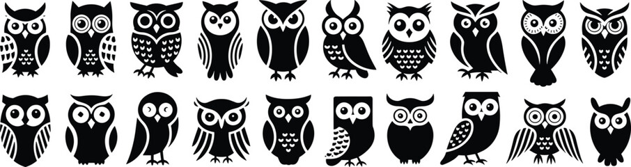 Stylized owl illustration set, black white graphic, unique eye shapes, decorative body patterns, artistic bird design, vector animal art collection