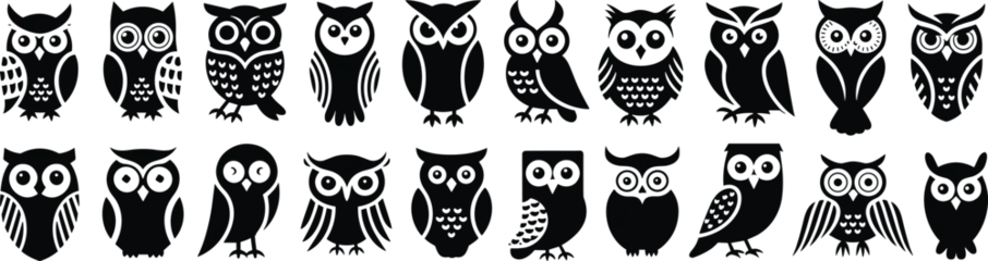 Fotobehang Uiltjes Stylized owl illustration set, black white graphic, unique eye shapes, decorative body patterns, artistic bird design, vector animal art collection  © Ideasy Mind