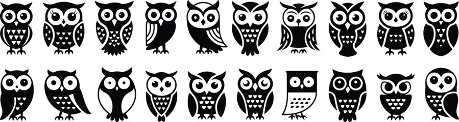 Owl illustration set, stylized cartoon birds, black and white graphic, unique eye shapes, decorative body patterns, vector animal design collection