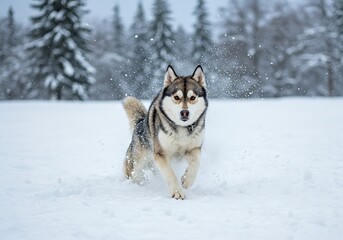 Playful Husky Running Through Snowy Landscape. Generative Ai