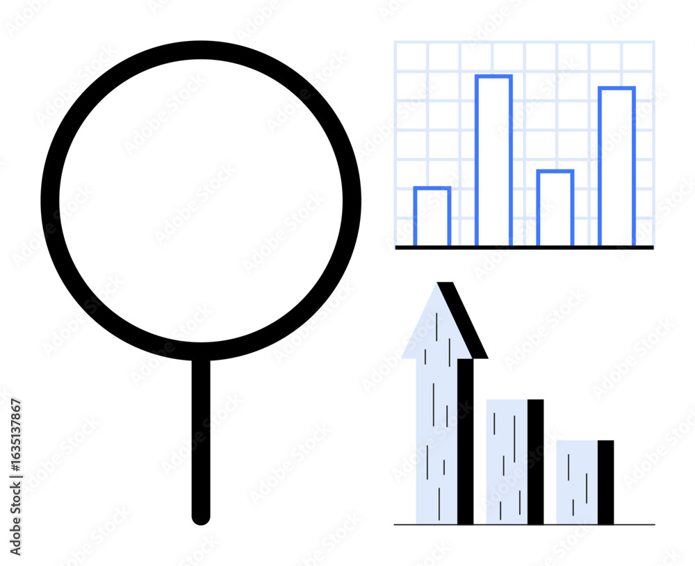 Poster magnifying glass adjacent to two bar charts emphasizes data exploration and performance analysis. id