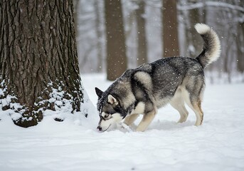 Naklejka premium Playful Husky Dog in a Snowy Forest. Generative Ai